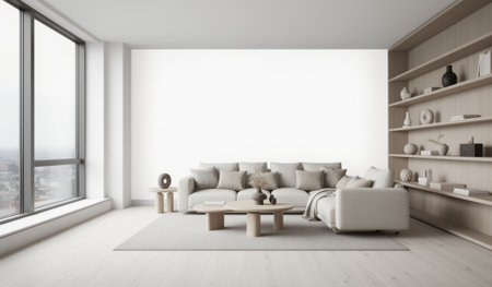A clean and airy living room features a soft color palette with minimalist furniture. Natural light pours in through large windows, enhancing the cozy atmosphere.の写真素材