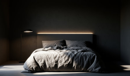 A beautifully designed modern bedroom features a comfortable bed draped in soft linens, illuminated gently by a stylish floor lamp.の写真素材