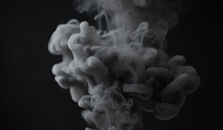 Dark background features soft gray smoke curling in graceful forms, blending into the air. The scene evokes mystery and intrigue, inviting curiosity and imagination.の写真素材