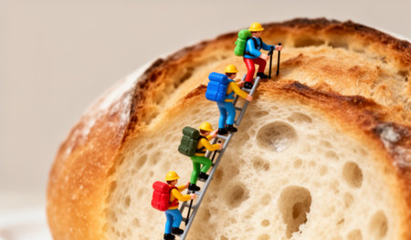 Four miniature figures equipped with backpacks and climbing gear ascend a slice of bread, transforming a simple moment into a whimsical journey. This playful scene sparks imagination and joy.の写真素材