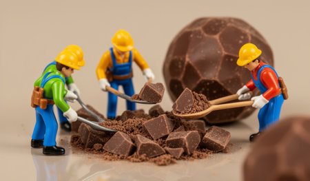 Five tiny figures dressed as construction workers diligently dig through chocolate pieces, sharing tools and smiles.の写真素材