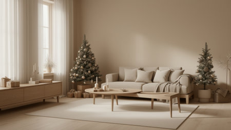 A warm living room features a soft beige couch surrounded by small Christmas trees and elegant holiday decor. Gentle light filters through the curtains, creating a serene atmosphere.の写真素材