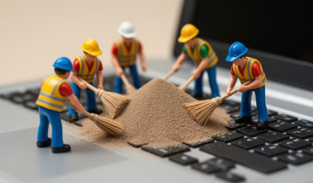 Five tiny construction workers with colorful helmets enthusiastically sweep sand off a laptop keyboard. This whimsical scene blends work and play, creating a fun perspective on office life.の写真素材