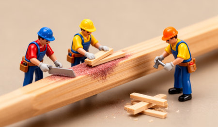 Three colorful toy figures engage in woodworking, using saws and tools to shape a wooden plank. They focus on their task, creating a joyful scene of craftsmanship and teamwork.の写真素材