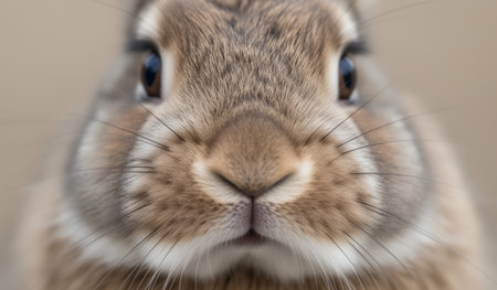 A cute rabbit gazes directly at the viewer, its soft fur glistening in the light. Its expressive eyes and twitching nose reveal a sense of curiosity and playfulness in the tranquil setting.の写真素材