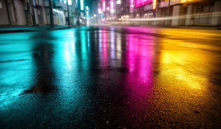 Rain-soaked streets shimmer with vibrant neon lights from nearby signs. The reflections create a stunning, colorful display that captures the essence of the city at night.の写真素材