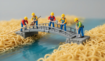 Miniature figures in hard hats work together to build a bridge over a flowing river of noodles. Their teamwork showcases creativity and imagination, blending construction with a fun culinary twist.の写真素材