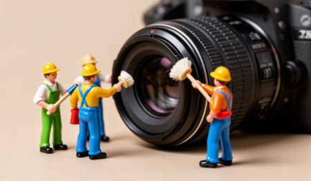 A group of small toy figures in bright clothing are busily cleaning a camera lens. They use tiny brushes, showcasing a fun and creative take on photography care in a playful setting.の写真素材