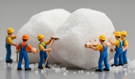 Small plastic workers are seen hard at work, chiseling and shaping large sugar cubes. The scene is playful and imaginative, showcasing creativity in a sweet setting filled with sugar granules.の写真素材