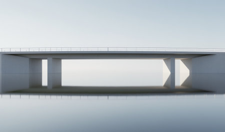 A sleek modern bridge stands majestically over calm waters, creating a perfect reflection as the dawn light gently illuminates the scene. The atmosphere feels tranquil and serene.の写真素材