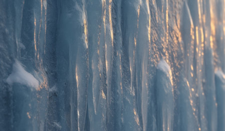 Icicles hang gracefully from a frozen surface, capturing the gentle glow of sunset. The scene offers a peaceful view of winterâs beauty, with soft, shimmering colors illuminating the icy surfaces.の写真素材