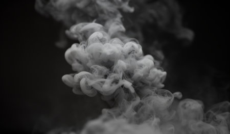 Tendrils of soft gray smoke dance in the darkness, blending into the black background. The movement is fluid, creating an atmosphere of mystery and intrigue in the space.の写真素材