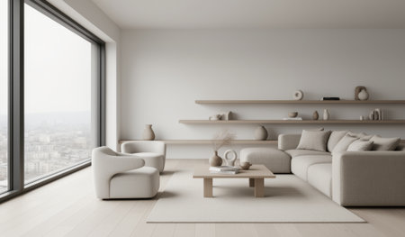 A spacious living room features soft beige tones and contemporary furniture, set against a backdrop of expansive windows. Light floods the area, highlighting unique decor and a serene atmosphere.の写真素材