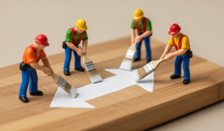 Four tiny figures dressed in bright clothing are busily painting a white arrow on a wooden board. They work together with brushes, demonstrating cooperation and focus on their task.の写真素材
