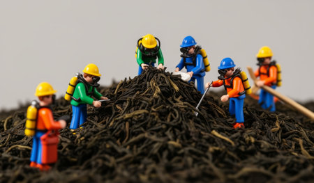 Small figures dressed as workers gather around a pile of dark tea leaves.の写真素材