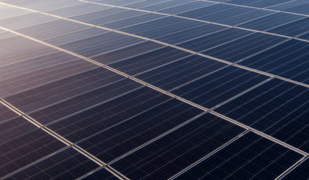 Rows of solar panels stretch across a vast landscape, absorbing sunlight to generate clean energy. The bright afternoon light enhances their sleek surfaces, showcasing a commitment to sustainability.の写真素材