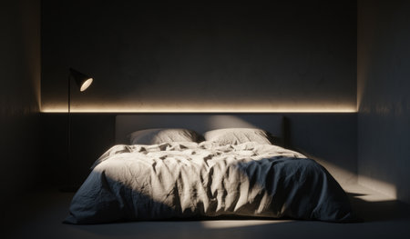 In a cozy bedroom, soft light casts gentle shadows on a neatly made bed with crumpled blankets. The calming atmosphere invites relaxation after a long day, as evening approaches.の写真素材