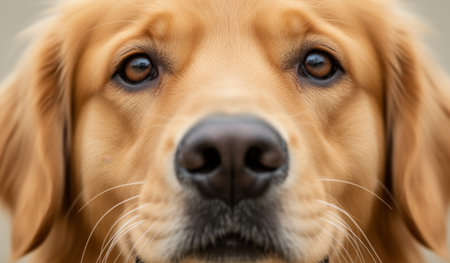 A golden retriever stands proudly, its expressive eyes reflecting warmth and intelligence.の写真素材