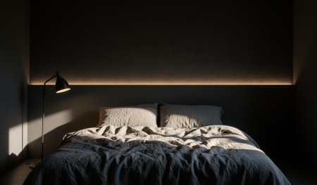 Sunlight gently streams into a serene bedroom, casting soft shadows over a minimalist bed. A stylish lamp adds a cozy touch, creating a peaceful start to the day.の写真素材