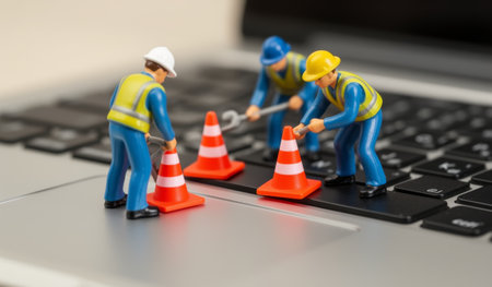 Small figurines of construction workers in bright vests and hard hats are actively repairing a laptop. Traffic cones are placed around the area, creating an amusing scene of unexpected maintenance.の写真素材