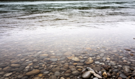 Gentle river flows under a soft twilight sky, revealing a bed of smooth, colorful stones. The tranquil scene invites reflection and peace, perfect for a quiet moment in nature.の写真素材