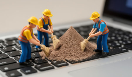 Tiny figures dressed as construction workers gather around a mound of sand on a laptop keyboard, humorously illustrating a construction scene in an unconventional setting.の写真素材