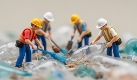 Volunteers work together on a sandy beach, using brooms and tools to collect plastic bottles and debris. Their efforts contribute to a cleaner environment and protect marine life.の写真素材