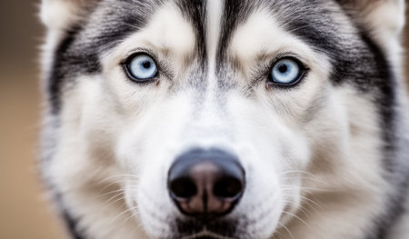 A beautiful husky with striking blue eyes stares intently into the distance. Soft sunlight creates an enchanting glow around its fur, highlighting every detail of the dog's majestic presence.の写真素材