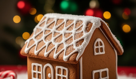 A beautifully decorated gingerbread house sits on a festive table, surrounded by colorful holiday lights and candies. Sugar glaze adorns the roof, enhancing its charm during winter festivities.の写真素材
