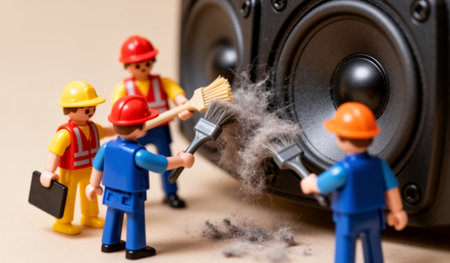 Four colorful toy figures dressed in construction gear gather around large speakers to remove dust. They are focused on their task, showcasing teamwork and creativity in a playful environment.の写真素材