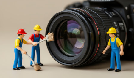 Miniature figures in hard hats and overalls carefully clean a large camera lens, embodying teamwork and attention to detail. The scene captures a playful spirit in an imaginative setup.の写真素材