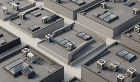 City rooftops showcase a modern landscape with numerous air conditioning units. The sun shines brightly, reflecting off the glass panels, creating a lively urban atmosphere.の写真素材