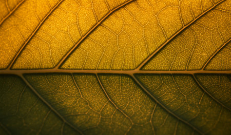 Sunlight filters through a vibrant leaf, showcasing its intricate vein patterns. The warm glow of the light enhances the textures and colors, creating a tranquil scene in nature, inviting calm.の写真素材