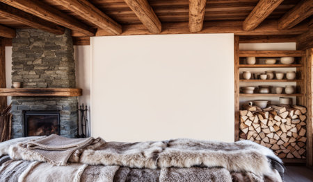 The serene cabin features wooden beams and a stone fireplace, complemented by a soft fur blanket on a cozy sofa. Shelves display pottery, while logs stack neatly, enhancing the inviting atmosphere.の写真素材