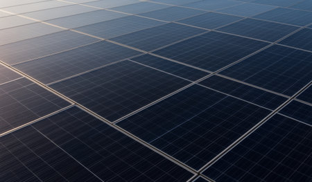 Rows of solar panels spread across a vast area, glinting in the sunlight. This renewable energy site reflects a commitment to sustainability and clean power generation.の写真素材