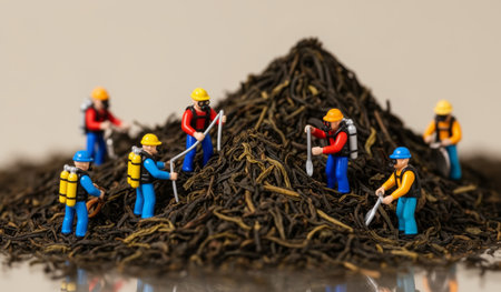 Small figures work diligently on a mound of dried tea leaves, using tools to harvest and sort. This creative scene showcases teamwork in a whimsical setting filled with vibrant color.の写真素材