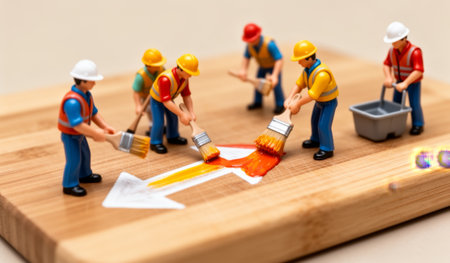 Six builders work together, each holding a paintbrush, applying vibrant paint to arrows on a wooden board. The scene captures collaboration and creativity, showcasing teamwork in action.の写真素材