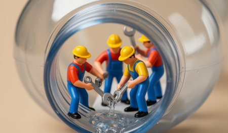 A group of tiny plastic workers in bright uniforms are busy fixing a pipe within a transparent bottle. This whimsical scene captures their teamwork and determination as water leaks out.の写真素材