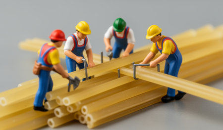 Small figurines work diligently, using tools to assemble and support a structure made from pasta. Focused around a pile of uncooked spaghetti, they show teamwork and creativity.の写真素材