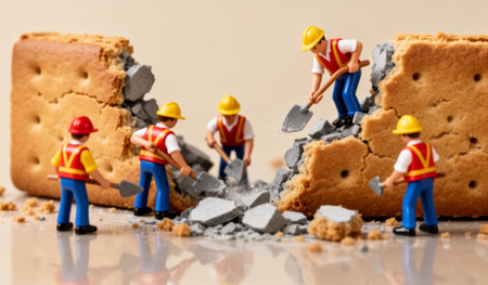 A team of tiny construction workers gathers around a broken giant cookie, using shovels to fix the damage. The scene is whimsical, showcasing creativity and humor in a unique setting.の写真素材
