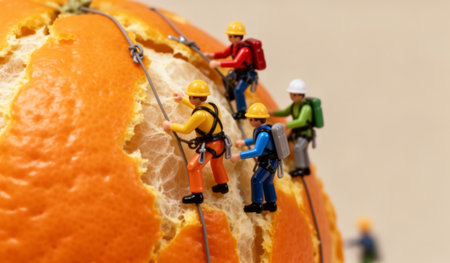 Four tiny climbers scale the surface of a large orange, using ropes and harnesses in a whimsical exploration. Their bright outfits contrast with the vibrant citrus, creating an amusing spectacle.の写真素材
