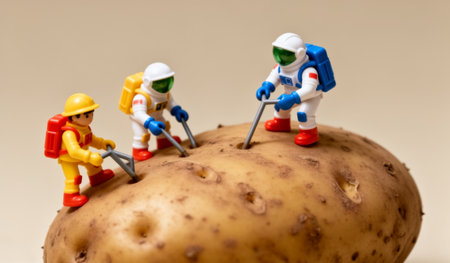 Three little astronauts engage in a playful exploration of a potato. They use mini tools, showcasing creativity and fun. The scene highlights imagination and encourages a sense of wonder.の写真素材