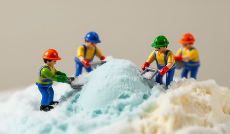 Tiny construction workers wearing helmets skillfully shape a vibrant snow mound using shovels. The scene evokes a sense of fun and creativity, illustrating playful activity in a whimsical setting.の写真素材