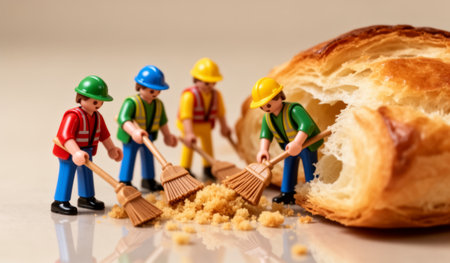 A group of four tiny figures in bright colored outfits uses small brooms to tidy up flour and crumbs around a large croissant. This whimsical scene captures their teamwork and effort.の写真素材