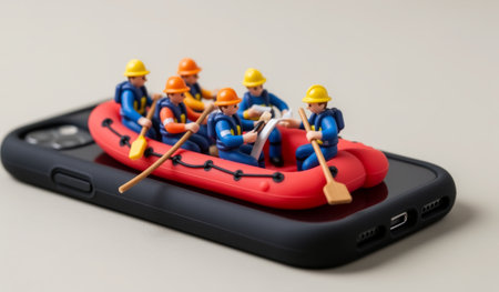 Small figurines dressed as adventurers row energetically in a bright raft atop a smartphone, creating a fun and imaginative moment. Their teamwork and determination shine through.の写真素材