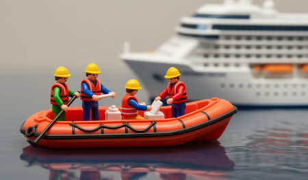 Four miniature figures work diligently in a red rescue boat, preparing supplies while a grand cruise ship looms in the background, showcasing teamwork and safety on the water.の写真素材