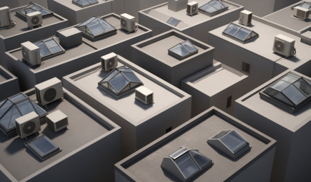 Overhead view showcases a collection of rooftop air conditioning units and skylights atop flat-roofed buildings under bright sunlight, capturing urban architecture at midday.の写真素材