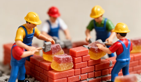 Small figures dressed as construction workers are busy building a wall with candy bricks. The colorful setting showcases a fun and imaginative take on construction work, bringing joy to the scene.の写真素材