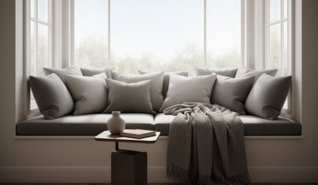 A cozy nook features a plush window seat adorned with numerous soft pillows and a warm blanket. Sunlight pours in through large windows, creating a serene atmosphere perfect for relaxation.の写真素材
