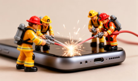 Four miniature firefighters are working together to save a smartphone from an imagined fire. They spray playful water while sparks fly, showcasing teamwork and creativity in a playful scene.の写真素材